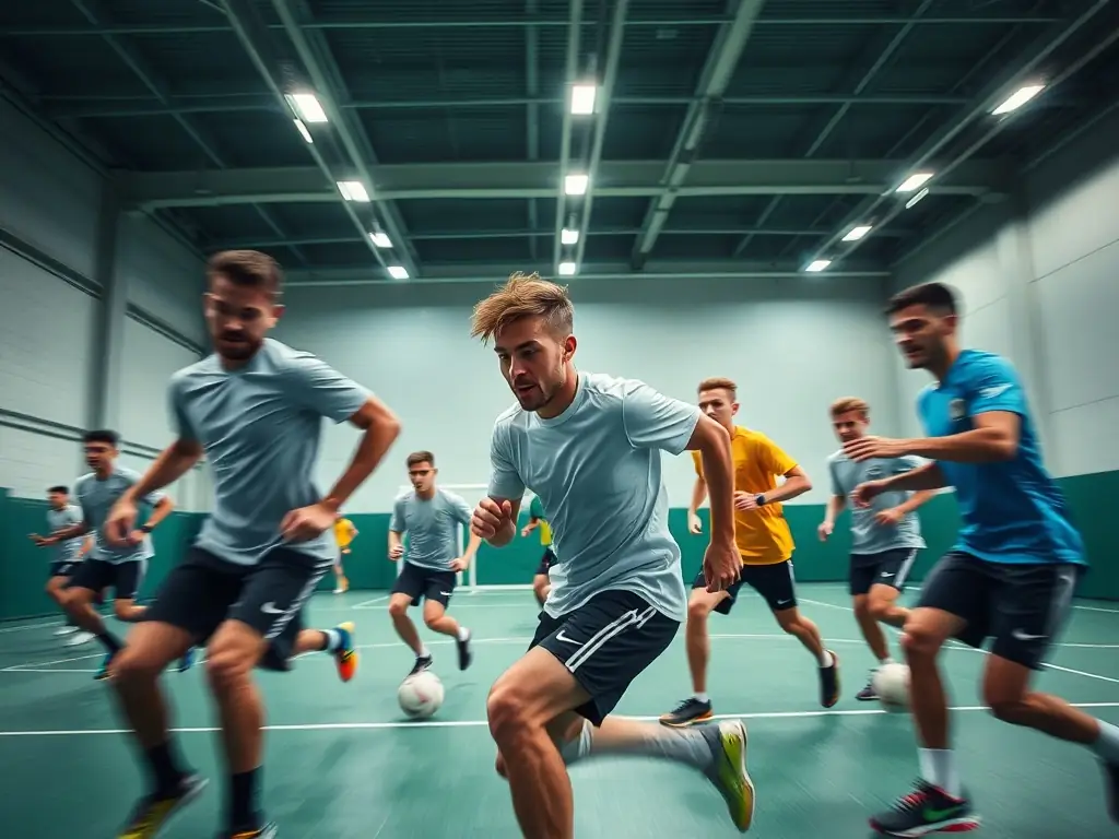 A dynamic action shot of futsal players in a training session, showcasing agility and teamwork, set against the backdrop of a modern indoor sports facility.