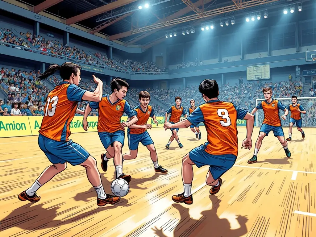 A vibrant image of a futsal competition, capturing the intensity and excitement of the game, with players demonstrating skillful footwork and strategic play.
