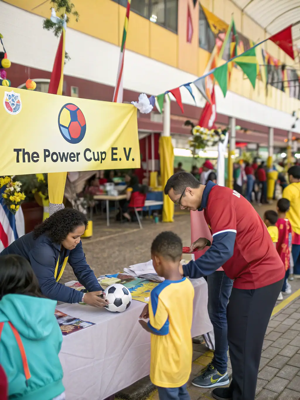 A photo showing BFC BRIVE FUTSAL CLUB members volunteering at a community event, such as a local sports fair, promoting futsal and engaging with the community.
