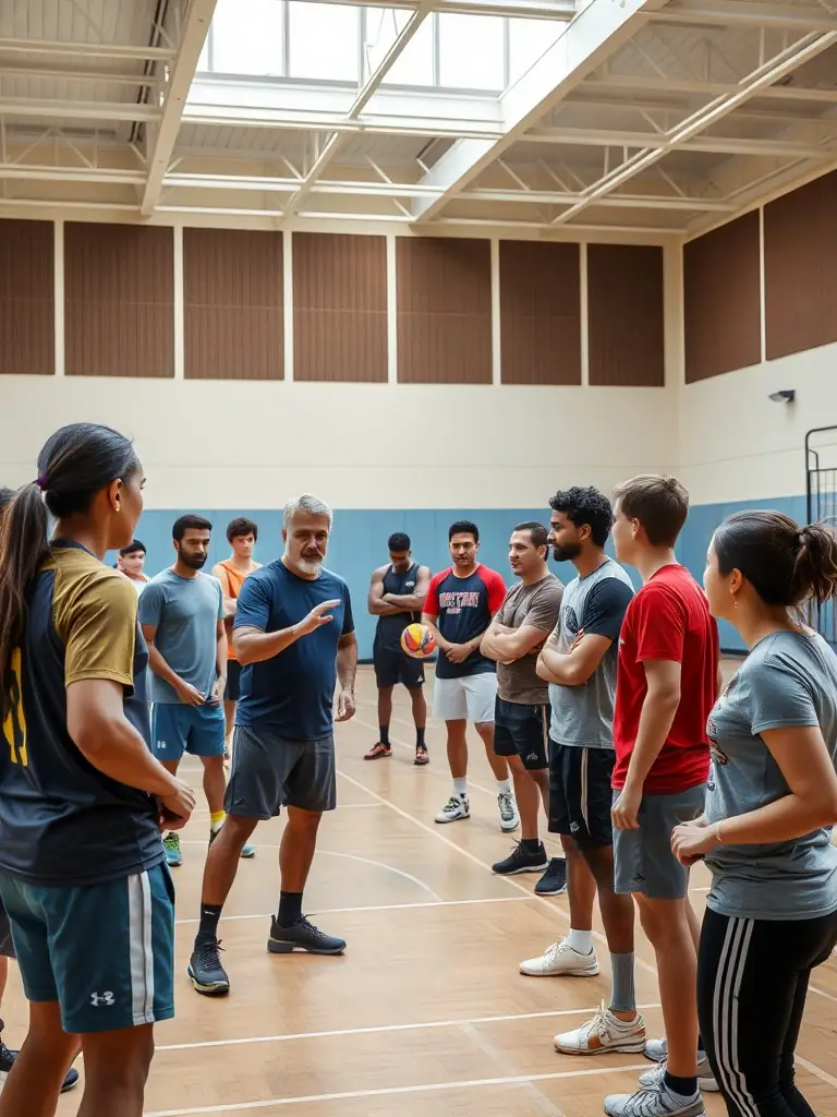 A diverse group of adults participating in a futsal training session at BFC BRIVE FUTSAL CLUB, emphasizing fitness and social interaction.