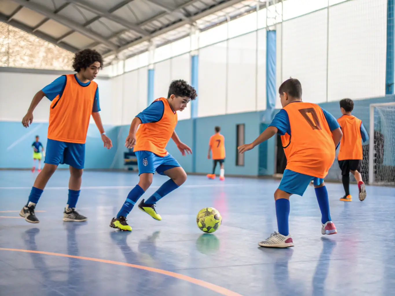 BFC BRIVE FUTSAL CLUB members working together during a training session, emphasizing the importance of teamwork and communication.
