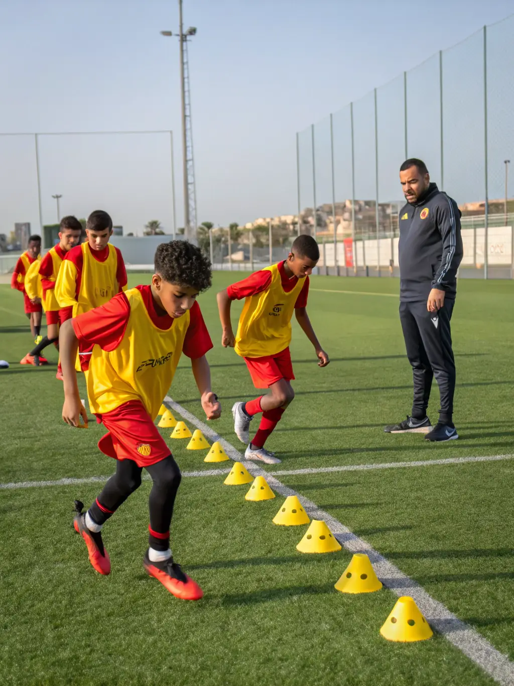 A group of young futsal players in BFC BRIVE FUTSAL CLUB uniforms are practicing dribbling skills during a training session, with a coach providing guidance.