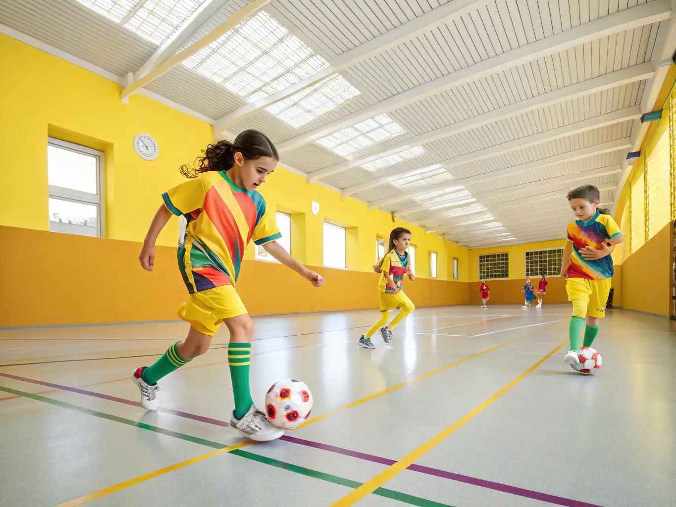 A dynamic image of young futsal players in action during a training session, showcasing their agility and teamwork on the indoor court.