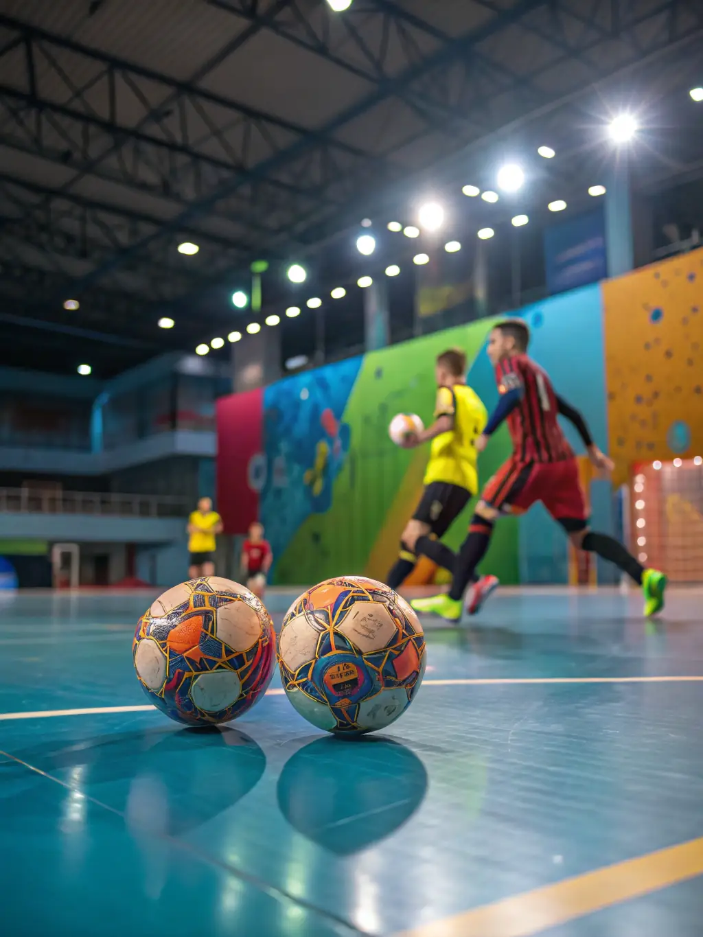 A dynamic action shot of a futsal match organized by BFC BRIVE FUTSAL CLUB, showcasing players competing for the ball with intensity and skill.