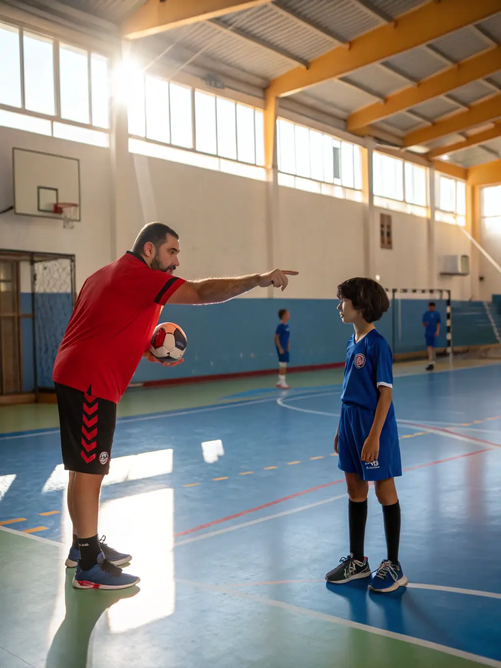 A coach from BFC BRIVE FUTSAL CLUB is demonstrating a specific futsal technique to a small group of players during a specialized workshop.