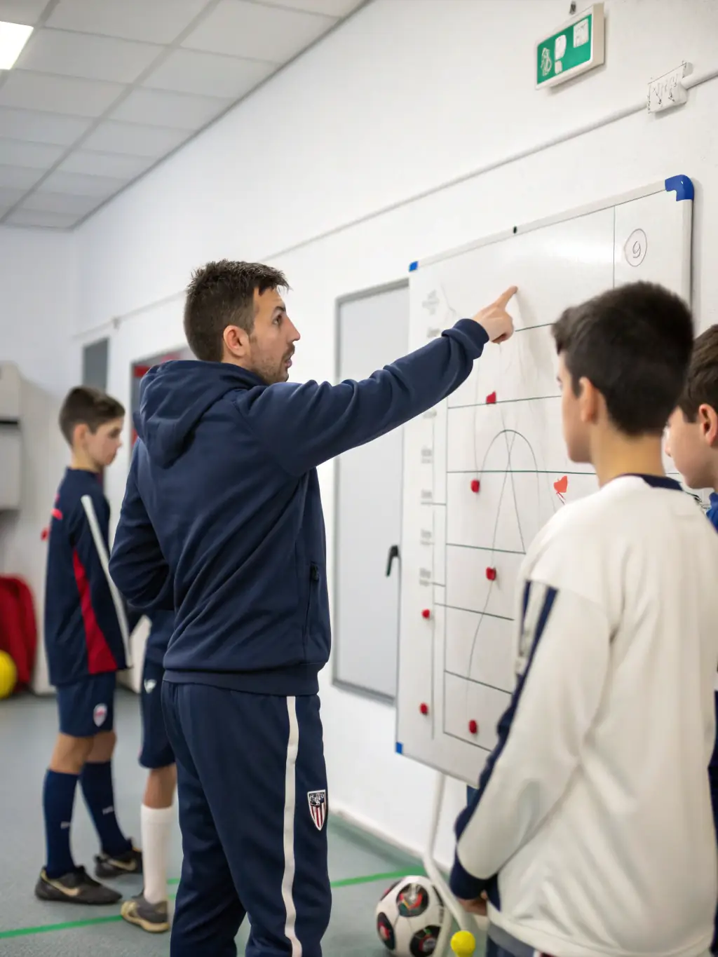 A coach instructing players on tactical formations during a futsal training session.