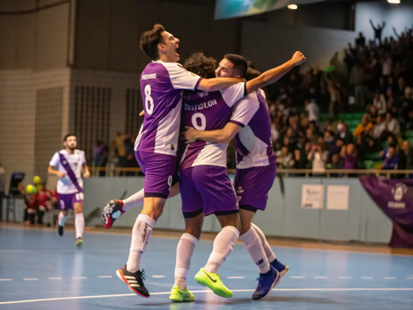 A group of BFC BRIVE FUTSAL CLUB players celebrating a goal during a competitive match, showcasing teamwork and camaraderie.