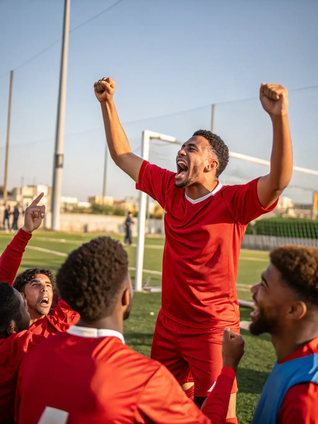 A futsal team celebrating a goal during a competitive match, highlighting teamwork and sportsmanship.