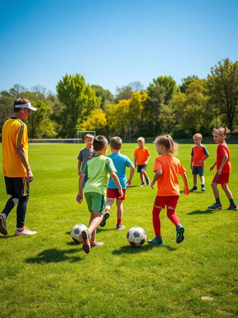 A vibrant image capturing a youth futsal training session at BFC BRIVE FUTSAL CLUB, showcasing young players actively engaged in drills, with coaches providing guidance and encouragement.