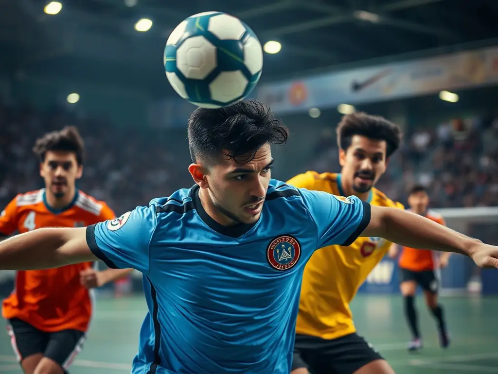An energetic image of futsal players engaged in a fast-paced match, demonstrating the physical fitness and agility required by the sport.
